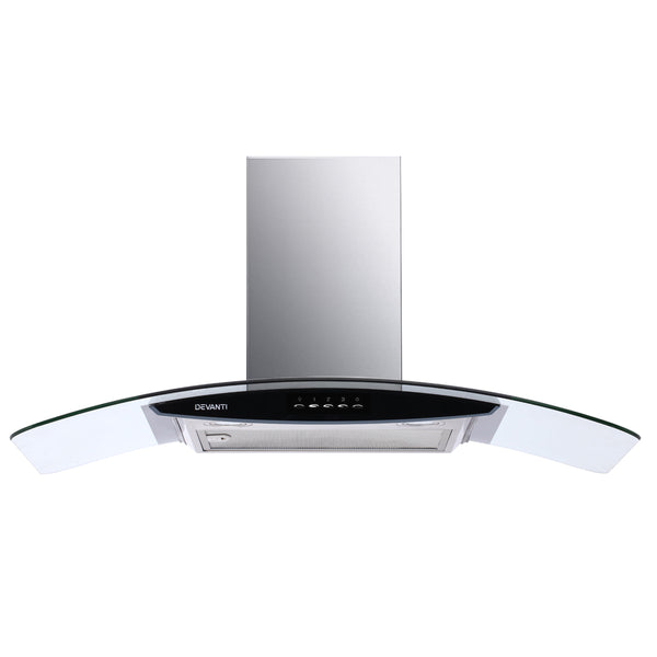 DEVANTi Rangehood 900mm Stainless Steel Curved Glass Wall Mount Range Hood