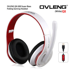 OVLENG Q8 USB Port Super Bass On-ear Headphones with Microphone & 2.0 m Cable (White & Red)