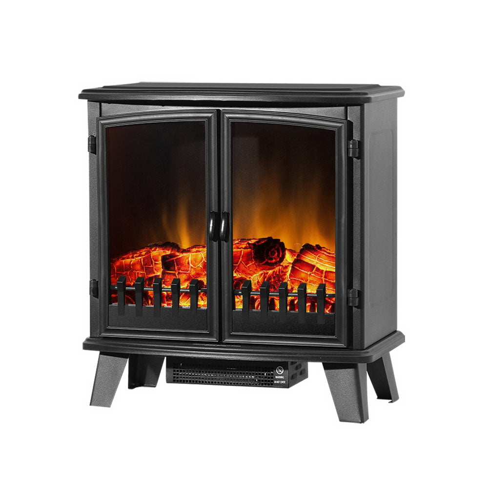 Devanti Electric Fireplace Heater Portable Fire Log Wood Effect Dual Door 1800W Black