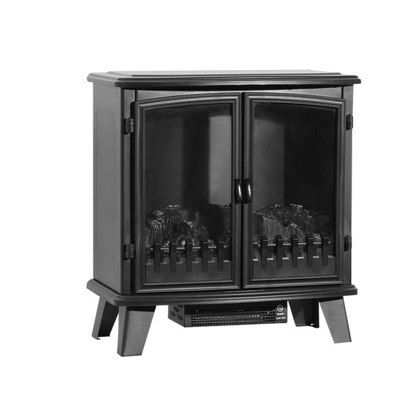 Devanti Electric Fireplace Heater Portable Fire Log Wood Effect Dual Door 1800W Black