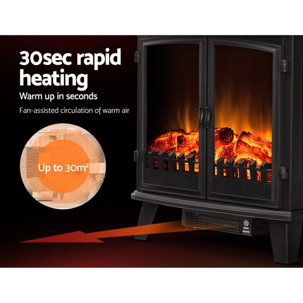 Devanti Electric Fireplace Heater Portable Fire Log Wood Effect Dual Door 1800W Black