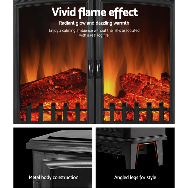 Devanti Electric Fireplace Heater Portable Fire Log Wood Effect Dual Door 1800W Black